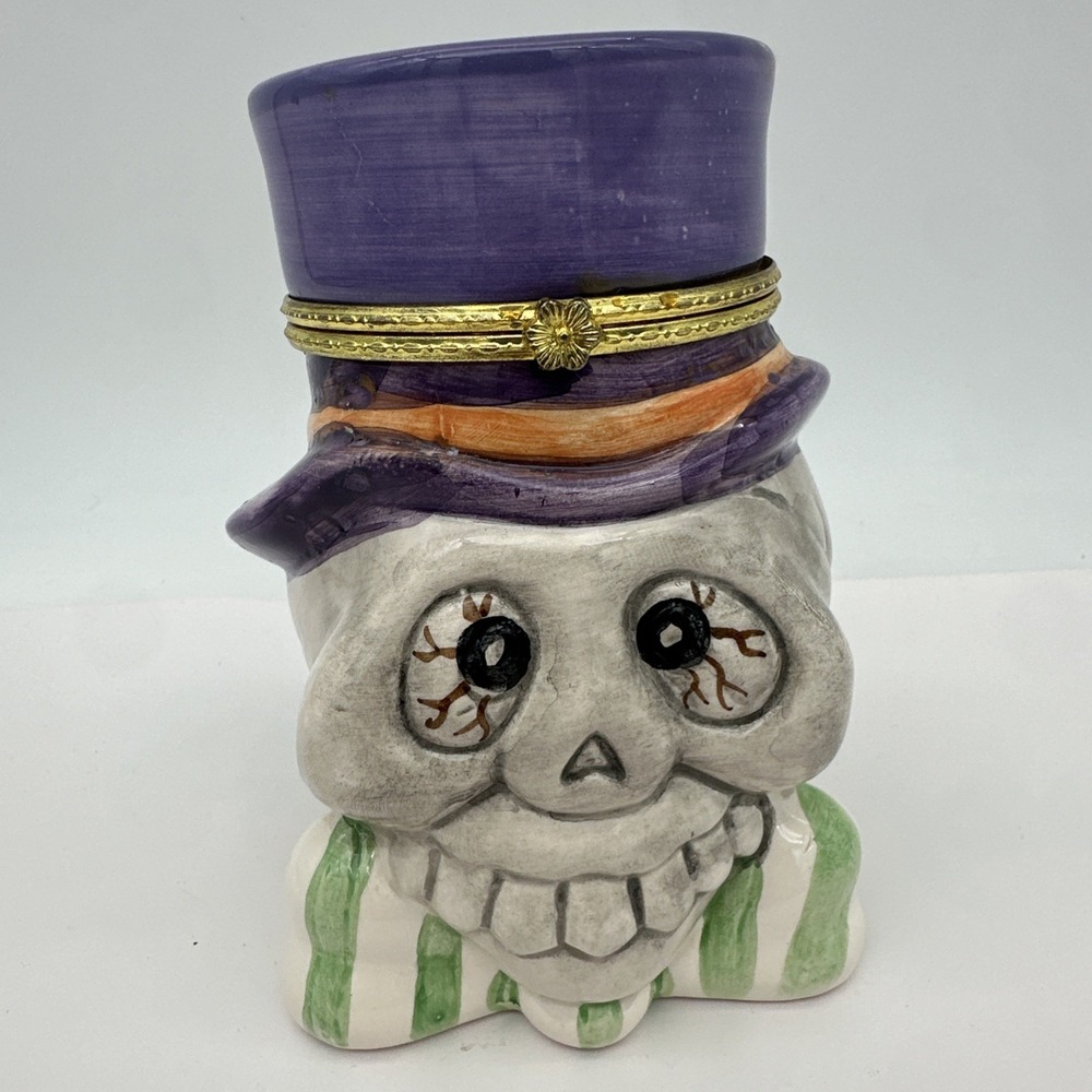 1999 VTG Halloween Skull with purple hat Hinged Trinket Box 6" EUC